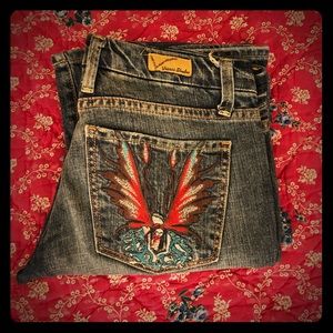 Vintage Blue Flare Jeans with Red and Blue Embroidery